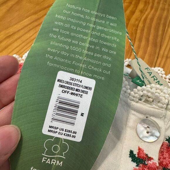 NWT Farm Rio White Linen Blend Mixed Cross Stitch Flowers Midi Dress M - Picture 9 of 16